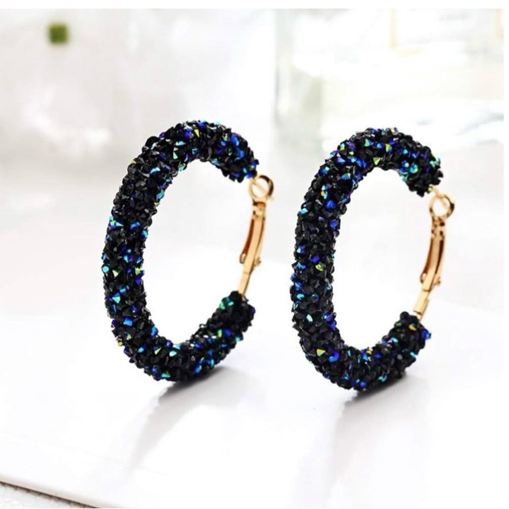 Elegant Black and Blue Crystal Hoop Earrings